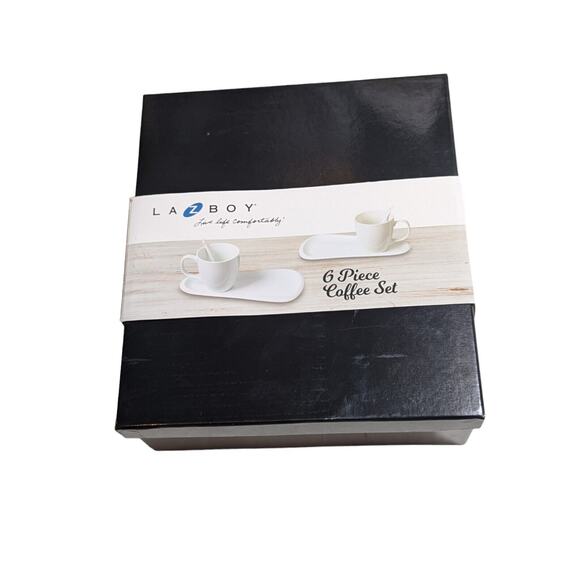 La Z Boy White Ceramic 6-Piece Coffee Set - 2 Mugs, 2 Spoons, 2 Trays New In Box - Picture 1 of 2